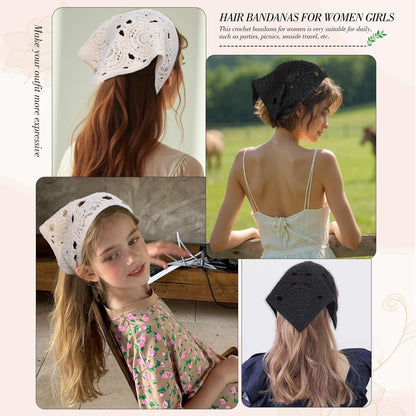obeoby 4 Pack Crochet Bandanas Headscarf for Spring and Summer, Vintage Floral Hair Bandanas Headband for Music Festival Outfits Girls with Hair Pins