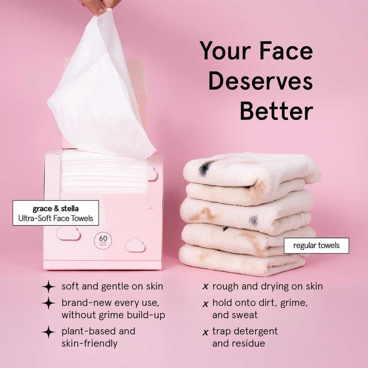 grace & stella Face Towels Disposable - Ultra-Soft & Absorbent XL Facial Towelettes for Cleansing & Makeup Removal - Lint-Free, Travel Essentials, Vegan (60 Count) - görsel 5