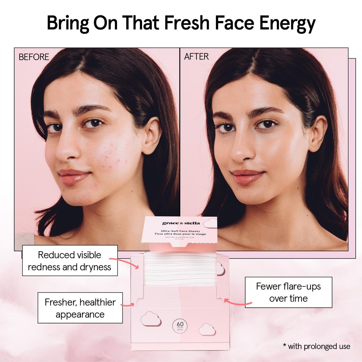 grace & stella Face Towels Disposable - Ultra-Soft & Absorbent XL Facial Towelettes for Cleansing & Makeup Removal - Lint-Free, Travel Essentials, Vegan (60 Count) - görsel 7