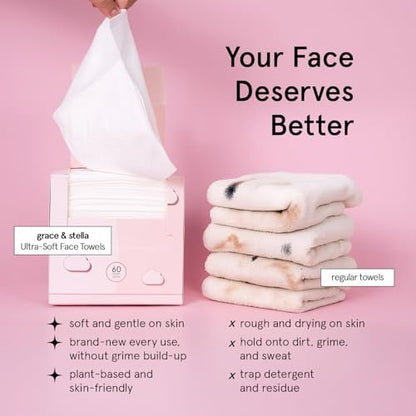 grace & stella Face Towels Disposable - Ultra-Soft & Absorbent XL Facial Towelettes for Cleansing & Makeup Removal - Lint-Free, Travel Essentials, Vegan (60 Count)