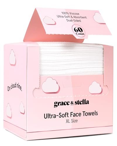grace & stella Face Towels Disposable - Ultra-Soft & Absorbent XL Facial Towelettes for Cleansing & Makeup Removal - Lint-Free, Travel Essentials, Vegan (60 Count)
