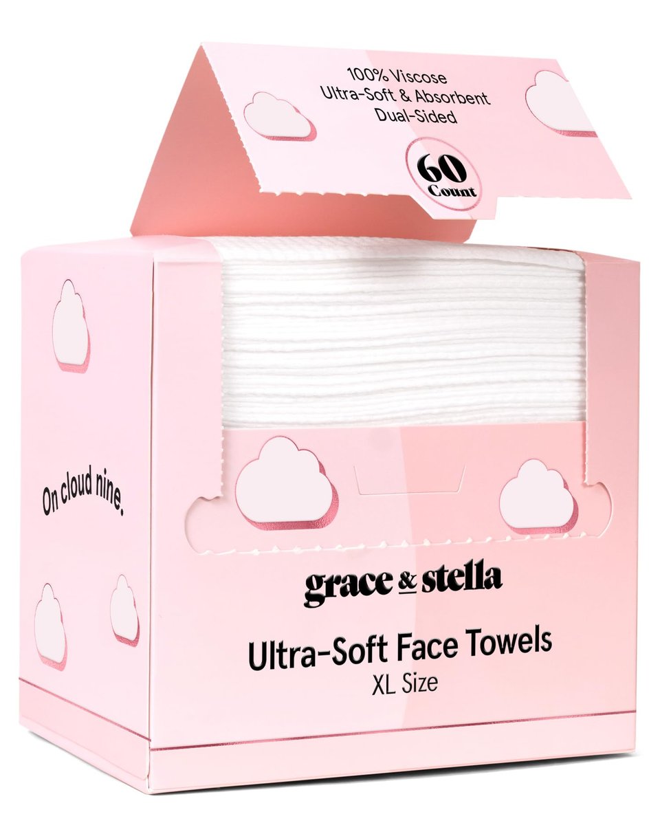 grace & stella Face Towels Disposable - Ultra-Soft & Absorbent XL Facial Towelettes for Cleansing & Makeup Removal - Lint-Free, Travel Essentials, Vegan (60 Count) - görsel 1