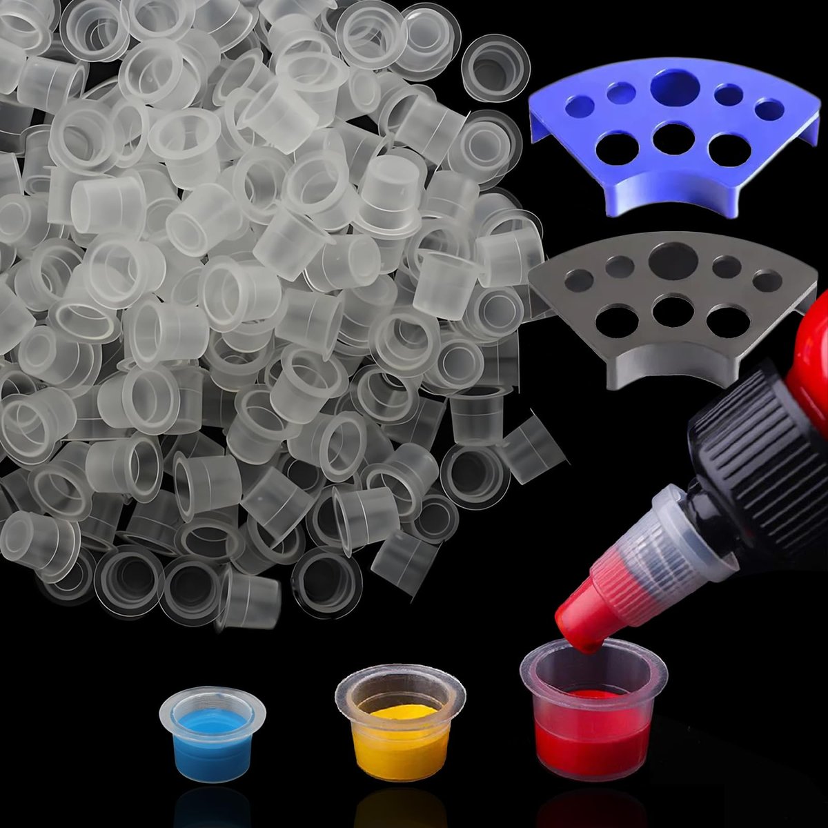 SOTICA 500-Piece Tattoo Ink Cups Kit with 2 Ink Holders - Mixed Size Plastic Cups for Professional Tattoo Supplies - görsel 1