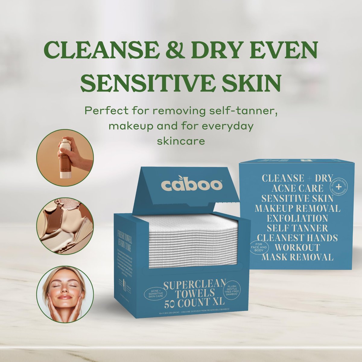 Caboo Tree Free Disposable Face Towels – 50 Soft, Lint-Free Towels | Extra-Large 10x11.5” | Gentle Alternative to Makeup Wipes & Washcloths Avelisse