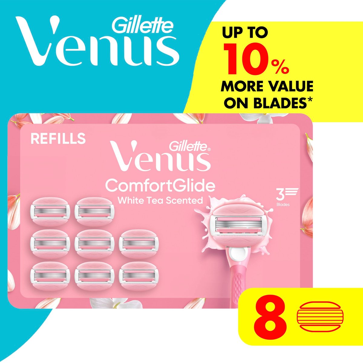 Venus ComfortGlide White Tea Women's Razor Blade Refills, 8 Count, with Built-in Shave Gel Bars Avelisse