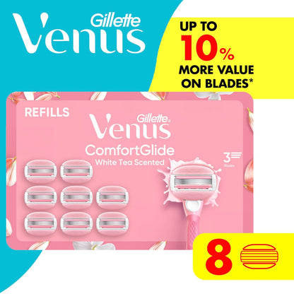 Venus ComfortGlide White Tea Women's Razor Blade Refills, 8 Count, with Built-in Shave Gel Bars Avelisse