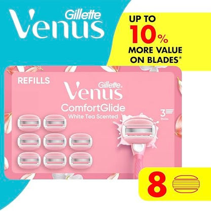 Venus ComfortGlide White Tea Women's Razor Blade Refills, 8 Count, with Built-in Shave Gel Bars Avelisse