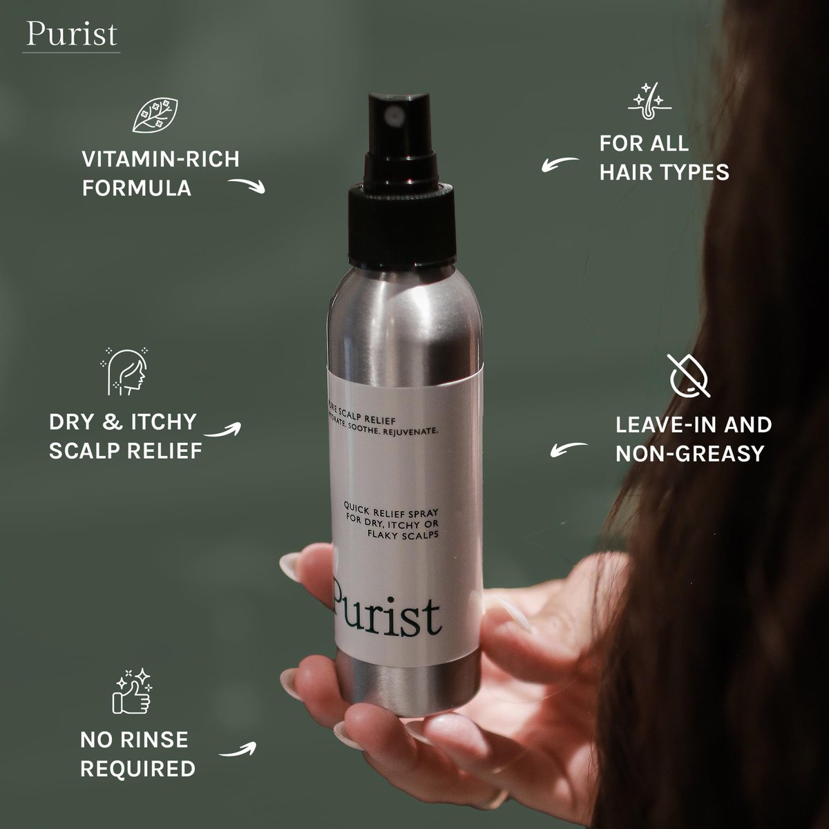 Purist Dandruff Spray – Leave-In Itchy, Dry Scalp Treatment – Hydrating, Lightweight, Soothing Scalp Moisturizer – Non-Greasy Quick Relief for Dandruff, Flaky Scalp Avelisse