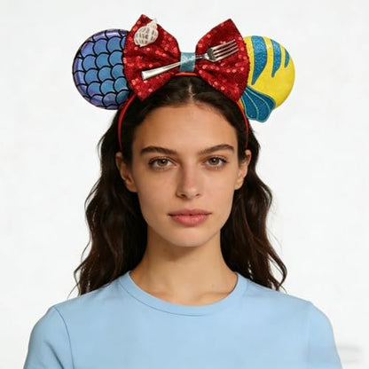 Bmobuo Mermaid Mouse Ears Headband for Women - Purple Fish Scales Sequin Bows Headband for Adult Park Ears Avelisse