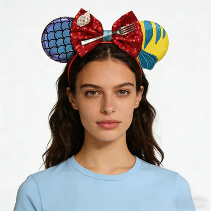 Bmobuo Mermaid Mouse Ears Headband for Women - Purple Fish Scales Sequin Bows Headband for Adult Park Ears Avelisse