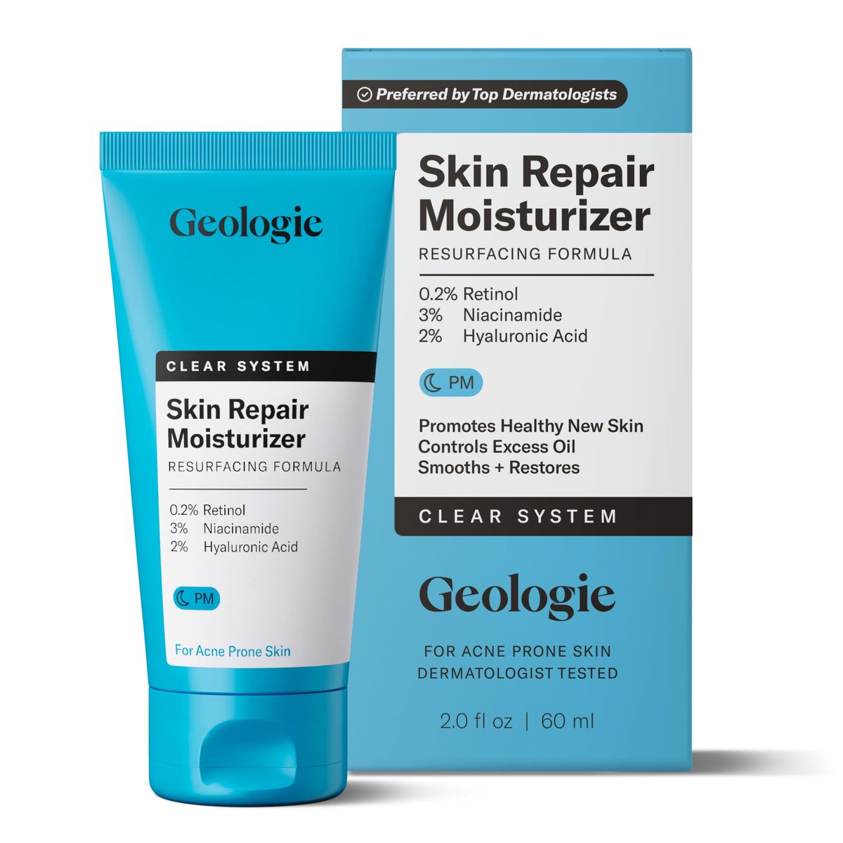 Geologie Skin Repair Moisturizer Face Cream | Clear System Retinol Resurfacing Formula | For Blemish Prone Skin with Niacinamide & Hyaluronic Acid | 60 ML - görsel 1