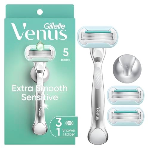 Gillette Venus Extra Smooth Sensitive Women's Razor - Reusable Handle, 3 Blade Refills & Shower Holder Avelisse