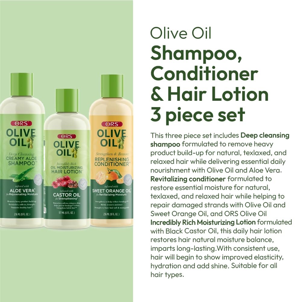 ORS Olive Oil Shampoo, Conditioner & Hair Lotion Set for Stronger, Healthier Hair – 3 Piece Kit Avelisse