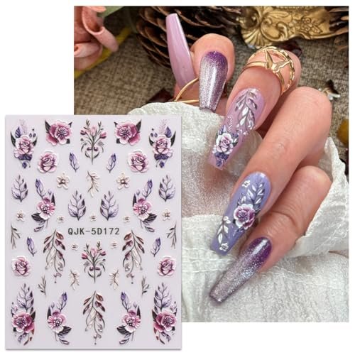 JMEOWIO 3D Embossed Flower Nail Art Stickers - 4 Sheets Self-Adhesive 5D Floral Nail Decals for Spring Summer Design - görsel 6