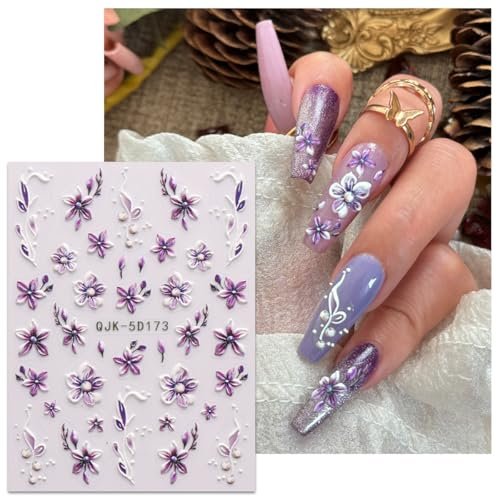 JMEOWIO 3D Embossed Flower Nail Art Stickers - 4 Sheets Self-Adhesive 5D Floral Nail Decals for Spring Summer Design - görsel 8