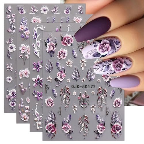 JMEOWIO 3D Embossed Flower Nail Art Stickers - 4 Sheets Self-Adhesive 5D Floral Nail Decals for Spring Summer Design - görsel 2
