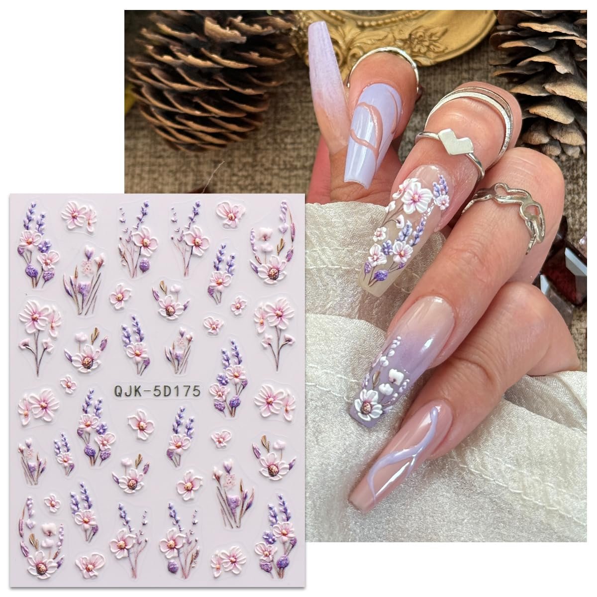 JMEOWIO 3D Embossed Flower Nail Art Stickers - 4 Sheets Self-Adhesive 5D Floral Nail Decals for Spring Summer Design - görsel 11