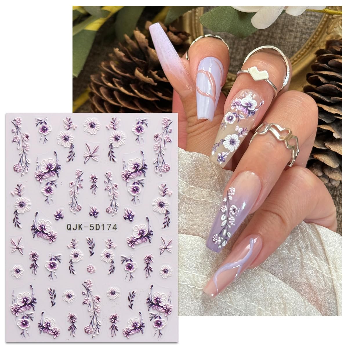 JMEOWIO 3D Embossed Flower Nail Art Stickers - 4 Sheets Self-Adhesive 5D Floral Nail Decals for Spring Summer Design - görsel 9