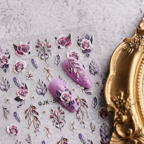 JMEOWIO 3D Embossed Flower Nail Art Stickers - 4 Sheets Self-Adhesive 5D Floral Nail Decals for Spring Summer Design - görsel 13