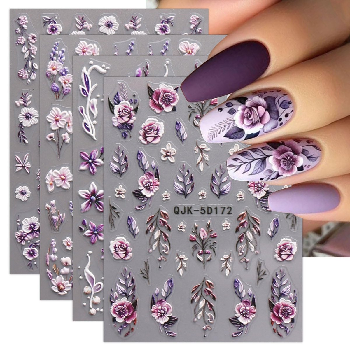 JMEOWIO 3D Embossed Flower Nail Art Stickers - 4 Sheets Self-Adhesive 5D Floral Nail Decals for Spring Summer Design - görsel 1