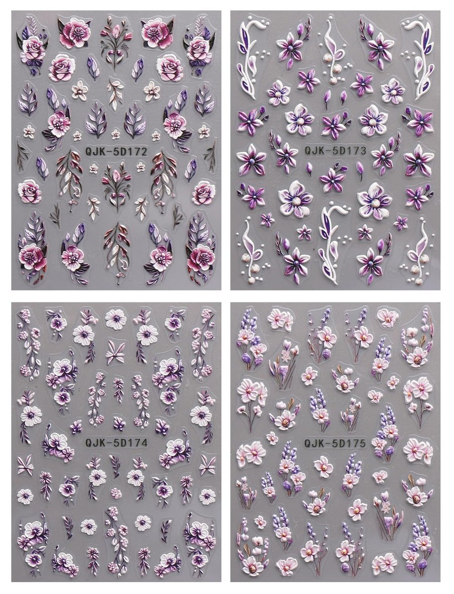 JMEOWIO 3D Embossed Flower Nail Art Stickers - 4 Sheets Self-Adhesive 5D Floral Nail Decals for Spring Summer Design - görsel 3