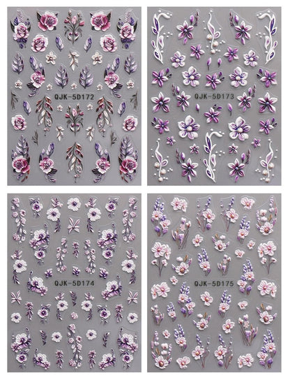 JMEOWIO 3D Embossed Flower Nail Art Stickers - 4 Sheets Self-Adhesive 5D Floral Nail Decals for Spring Summer Design