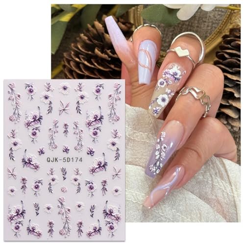 JMEOWIO 3D Embossed Flower Nail Art Stickers - 4 Sheets Self-Adhesive 5D Floral Nail Decals for Spring Summer Design - görsel 10