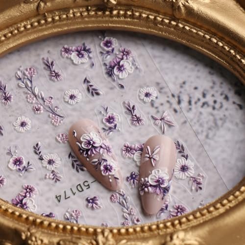 JMEOWIO 3D Embossed Flower Nail Art Stickers - 4 Sheets Self-Adhesive 5D Floral Nail Decals for Spring Summer Design - görsel 17