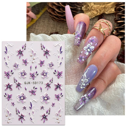 JMEOWIO 3D Embossed Flower Nail Art Stickers - 4 Sheets Self-Adhesive 5D Floral Nail Decals for Spring Summer Design