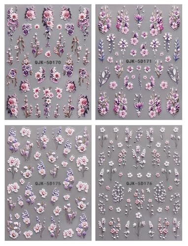 JMEOWIO 3D Embossed Flower Nail Art Stickers Decals - Self-Adhesive 5D Spring Summer Floral Nail Supplies, 4 Sheets Avelisse