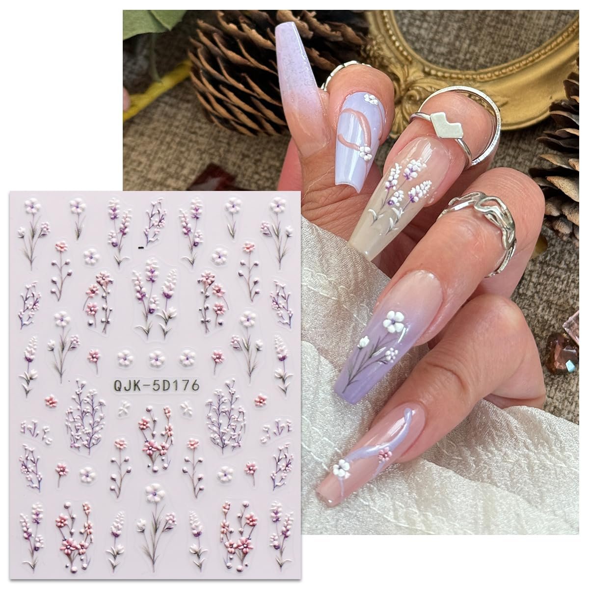 JMEOWIO 3D Embossed Flower Nail Art Stickers Decals - Self-Adhesive 5D Spring Summer Floral Nail Supplies, 4 Sheets Avelisse