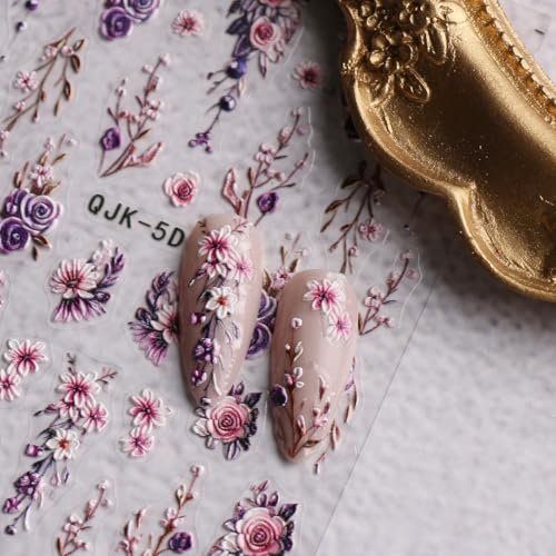 JMEOWIO 3D Embossed Flower Nail Art Stickers Decals - Self-Adhesive 5D Spring Summer Floral Nail Supplies, 4 Sheets Avelisse