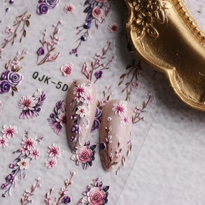 JMEOWIO 3D Embossed Flower Nail Art Stickers Decals - Self-Adhesive 5D Spring Summer Floral Nail Supplies, 4 Sheets Avelisse