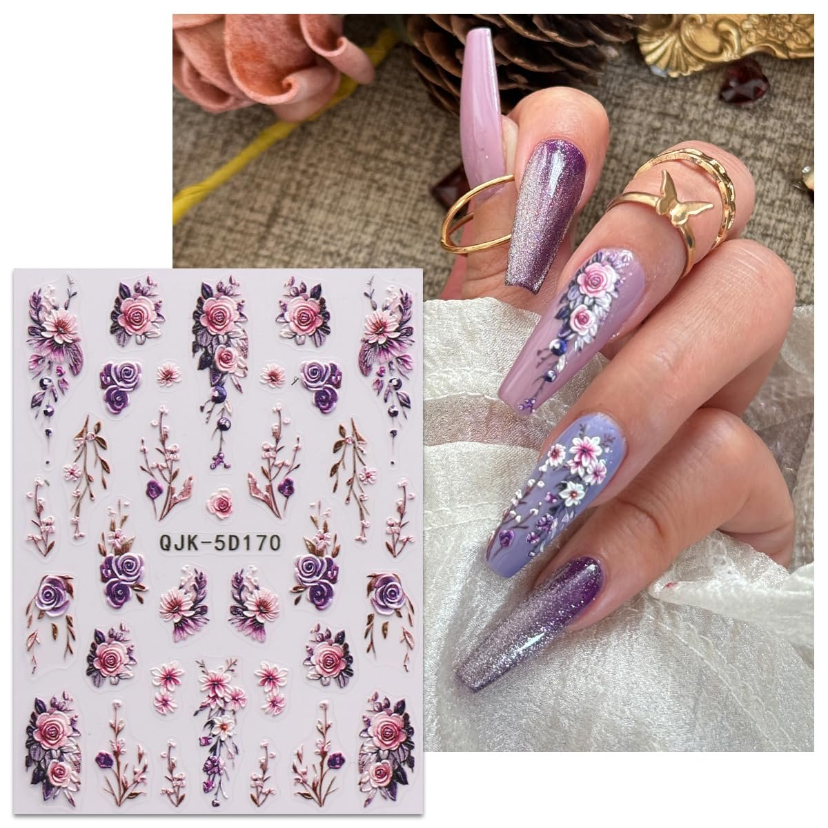 JMEOWIO 3D Embossed Flower Nail Art Stickers Decals - Self-Adhesive 5D Spring Summer Floral Nail Supplies, 4 Sheets Avelisse