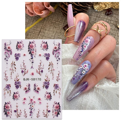 JMEOWIO 3D Embossed Flower Nail Art Stickers Decals - Self-Adhesive 5D Spring Summer Floral Nail Supplies, 4 Sheets Avelisse