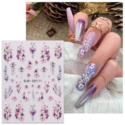 JMEOWIO 3D Embossed Flower Nail Art Stickers Decals - Self-Adhesive 5D Spring Summer Floral Nail Supplies, 4 Sheets Avelisse