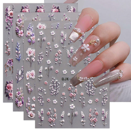JMEOWIO 3D Embossed Flower Nail Art Stickers Decals - Self-Adhesive 5D Spring Summer Floral Nail Supplies, 4 Sheets Avelisse