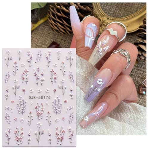 JMEOWIO 3D Embossed Flower Nail Art Stickers Decals - Self-Adhesive 5D Spring Summer Floral Nail Supplies, 4 Sheets Avelisse