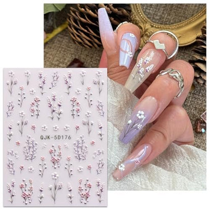 JMEOWIO 3D Embossed Flower Nail Art Stickers Decals - Self-Adhesive 5D Spring Summer Floral Nail Supplies, 4 Sheets Avelisse