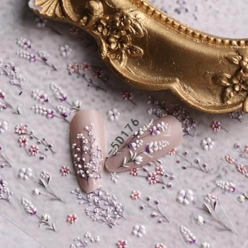 JMEOWIO 3D Embossed Flower Nail Art Stickers Decals - Self-Adhesive 5D Spring Summer Floral Nail Supplies, 4 Sheets Avelisse