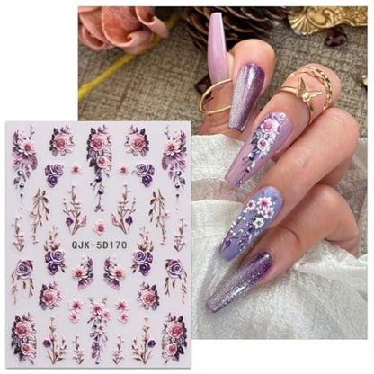 JMEOWIO 3D Embossed Flower Nail Art Stickers Decals - Self-Adhesive 5D Spring Summer Floral Nail Supplies, 4 Sheets Avelisse