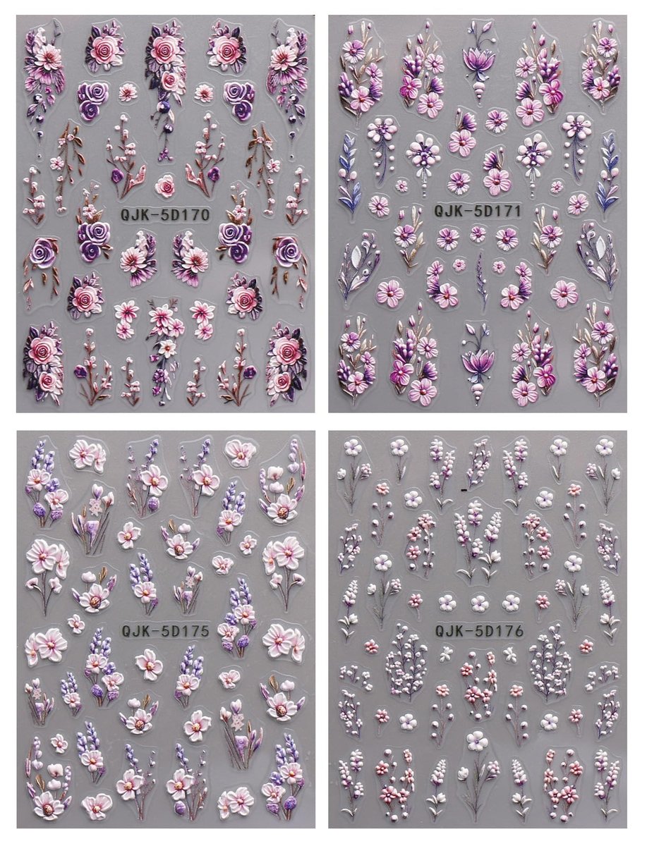 JMEOWIO 3D Embossed Flower Nail Art Stickers Decals - Self-Adhesive 5D Spring Summer Floral Nail Supplies, 4 Sheets Avelisse
