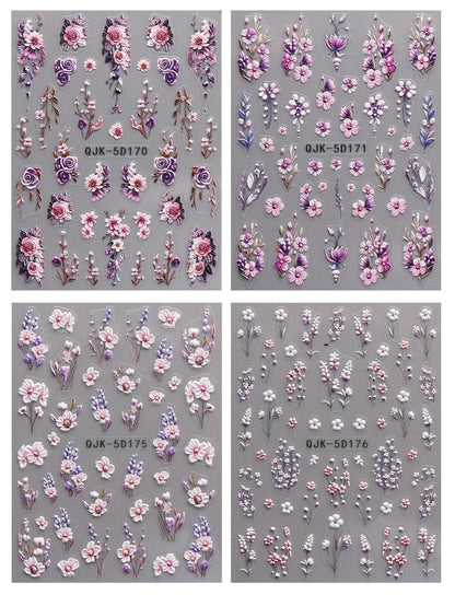 JMEOWIO 3D Embossed Flower Nail Art Stickers Decals - Self-Adhesive 5D Spring Summer Floral Nail Supplies, 4 Sheets Avelisse