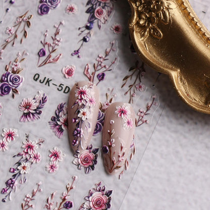 JMEOWIO 3D Embossed Flower Nail Art Stickers Decals - Self-Adhesive 5D Spring Summer Floral Nail Supplies, 4 Sheets Avelisse