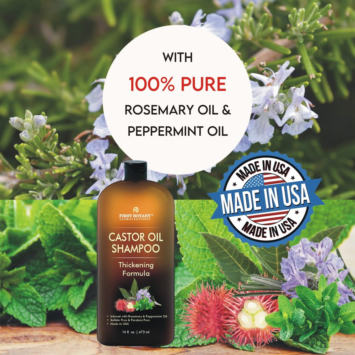 Castor Oil Shampoo for Hair Regrowth & Anti Hair Loss - Sulfate Free Thickening Formula for Men & Women, Dandruff Treatment 16 oz Avelisse