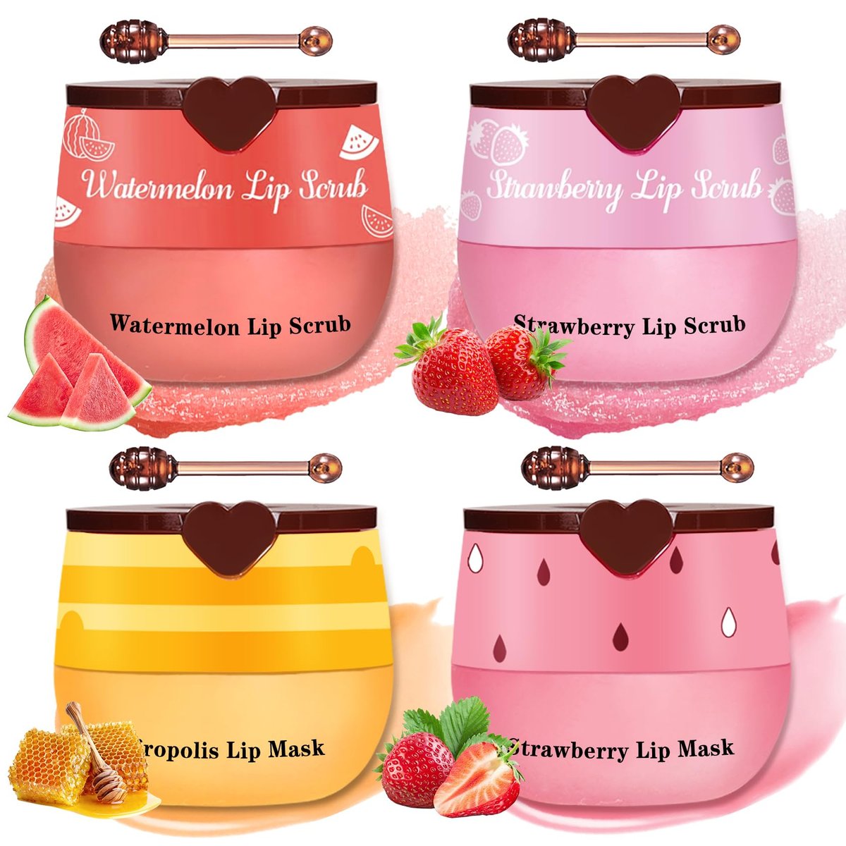 LZXLUKGIR 4PCS Lip Scrub and Mask Set - Strawberry & Honey Pot Lip Balm, Exfoliating Lip Scrub, Moisturizing Lip Mask, Reduce Lip Lines, Repair Dry Lips - görsel 2