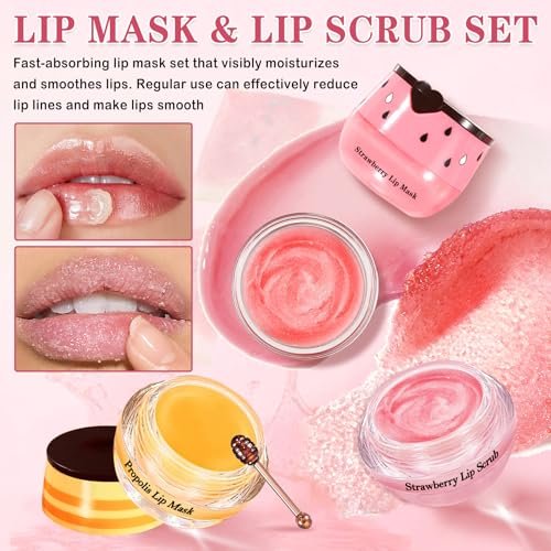 LZXLUKGIR 4PCS Lip Scrub and Mask Set - Strawberry & Honey Pot Lip Balm, Exfoliating Lip Scrub, Moisturizing Lip Mask, Reduce Lip Lines, Repair Dry Lips - görsel 3
