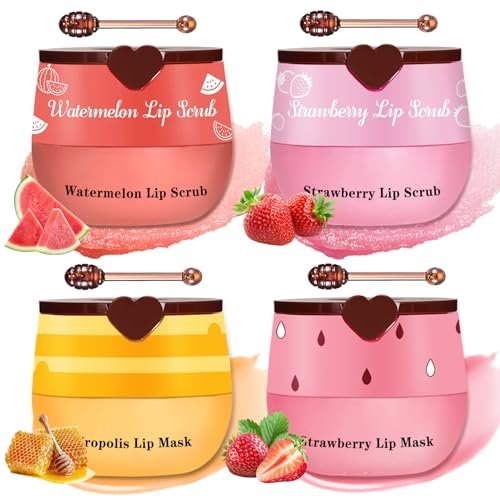 LZXLUKGIR 4PCS Lip Scrub and Mask Set - Strawberry & Honey Pot Lip Balm, Exfoliating Lip Scrub, Moisturizing Lip Mask, Reduce Lip Lines, Repair Dry Lips - görsel 1