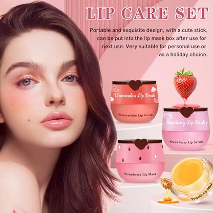 LZXLUKGIR 4PCS Lip Scrub and Mask Set - Strawberry & Honey Pot Lip Balm, Exfoliating Lip Scrub, Moisturizing Lip Mask, Reduce Lip Lines, Repair Dry Lips