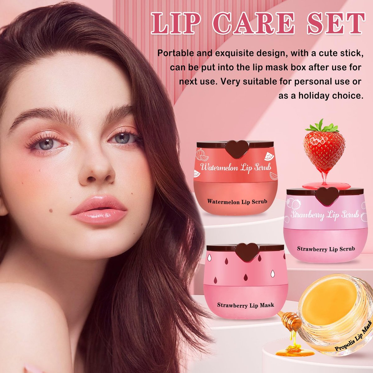 LZXLUKGIR 4PCS Lip Scrub and Mask Set - Strawberry & Honey Pot Lip Balm, Exfoliating Lip Scrub, Moisturizing Lip Mask, Reduce Lip Lines, Repair Dry Lips - görsel 14